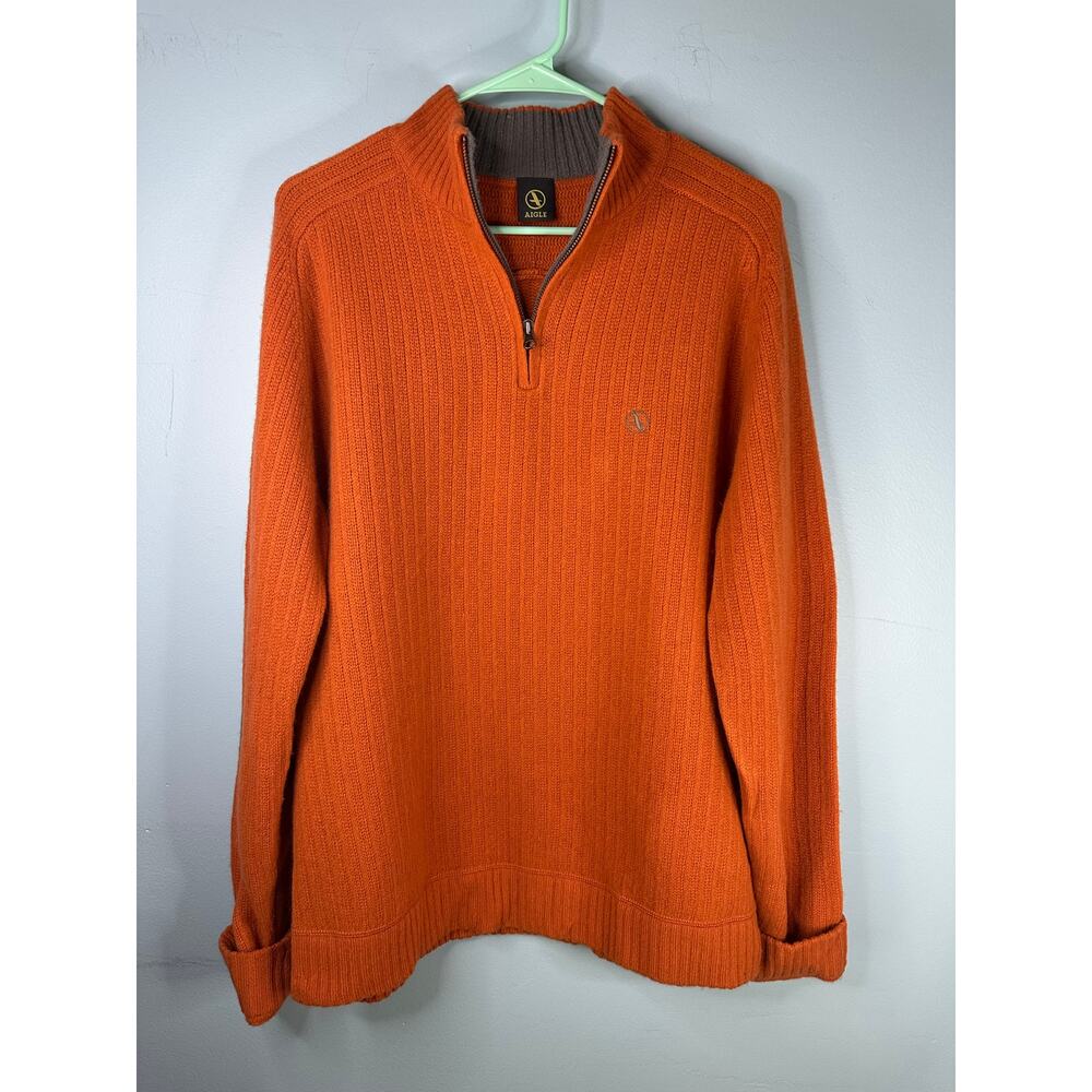 Aigle orange ribbed-knit quarter-zip sweater patches on elbows 100% lambswool XL
